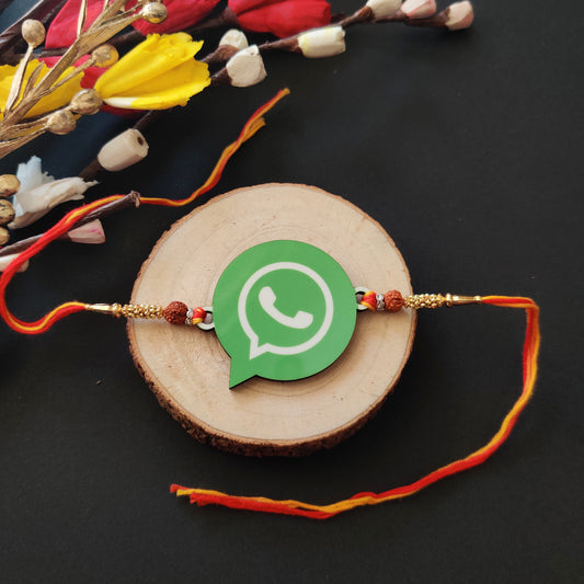 Whatsapp Chat Wala Bhai Wooden Rakhi with Rudraksha thread, presented with Roli and Chawal