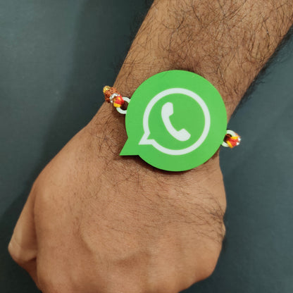 Trendy Whatsapp Chat Wala Bhai Wooden Rakhi with Rudraksha thread worn on a brother's wrist