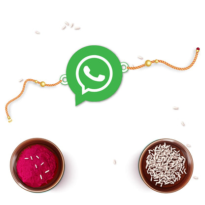 Whatsapp Chat Wala Bhai Rakhi with Rudraksha placed near a smartphone or chat bubble graphics.