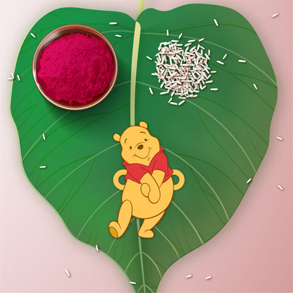 Close-up of the sacred Rudraksha beads on the thread of the Winnie Pooh Rakhi