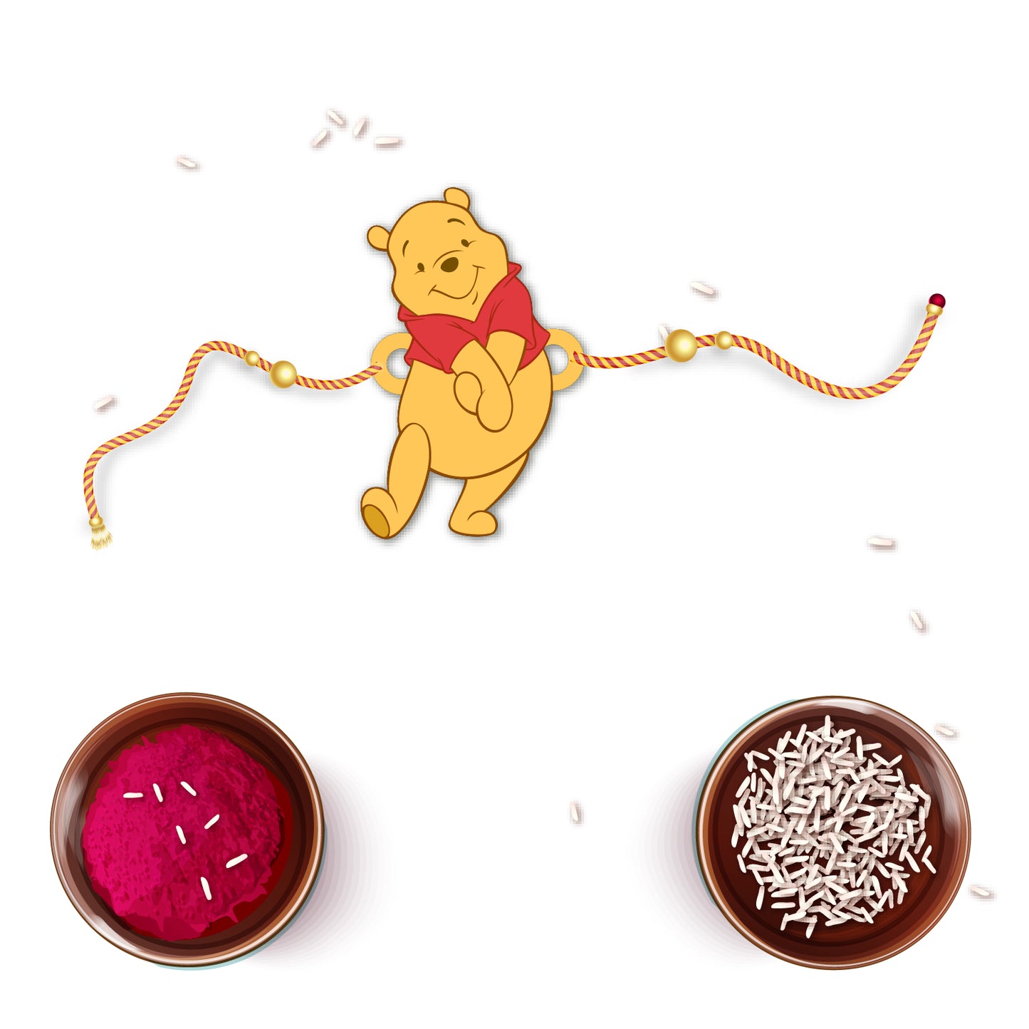 Winnie Pooh Rakhi with Rudraksha placed on a honey pot or Hundred Acre Wood-themed background
