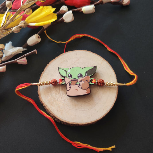Yoda Wooden Rakhi with Rudraksha thread, presented with Roli and Chawal for Raksha Bandhan