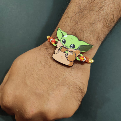 Unique gift packaging for Yoda Wooden Rakhi with Rudraksha