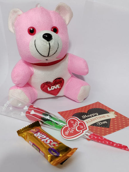 Valentine Gift (Hamper No 9)- 8 products (Fridge Magnet, Table Frame, Mobile Pop Holder, Badge, Card, Chocolate , Teddy, and Rose)